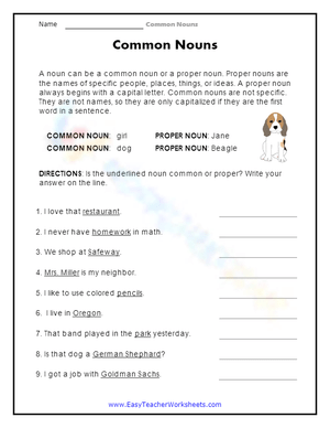 Common or Proper Noun Identification Worksheet