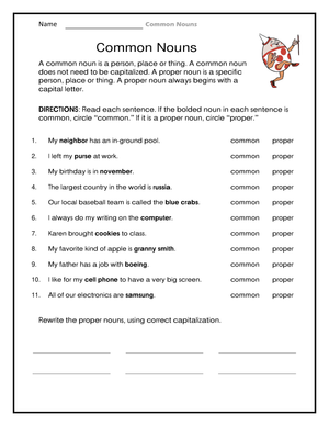 Printable Common and Proper Nouns Worksheet for Grade 2