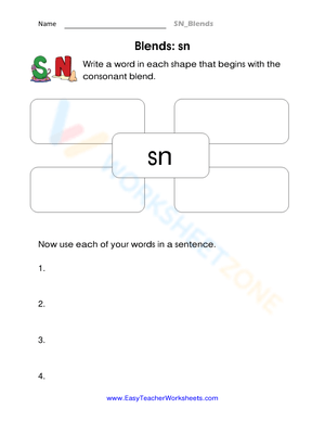 Printable SN Consonant Blends Worksheet | Grade 1 Phonics