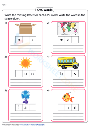 Missing Letters in CVC Words Worksheet