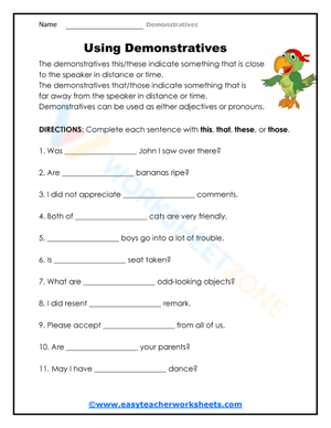 Using Demonstratives Worksheet