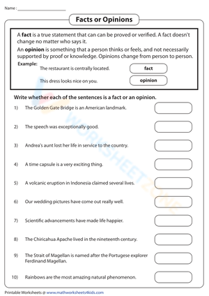 Identify Facts and Opinions Worksheet