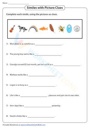 Similes with Picture Clues: Visual Learning Worksheet