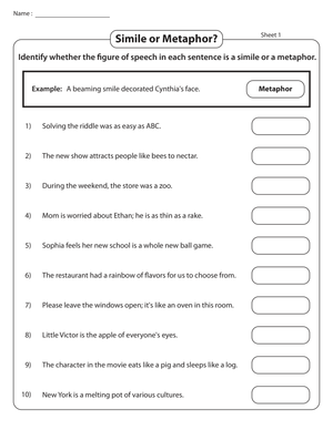 Simile or Metaphor: Identify Figurative Language Worksheet