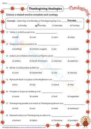 Thanksgiving Analogies: Festive Reasoning Worksheet
