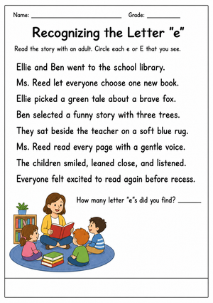 Grade K-1 Letter e Recognition — Printable No-Prep Worksheet