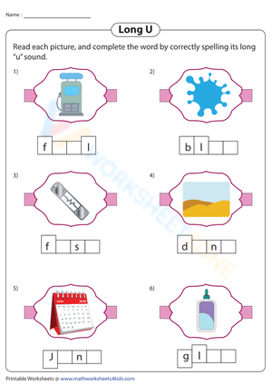 Completing Long U Words: Spelling Practice Worksheet