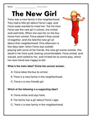 Essential Grade 3 Main Idea Worksheet: The New Girl