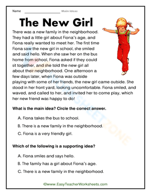 Essential Grade 3 Main Idea Worksheet: The New Girl