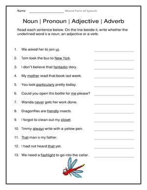 Essential Parts of Speech Worksheet | Grade 3-4 ELA