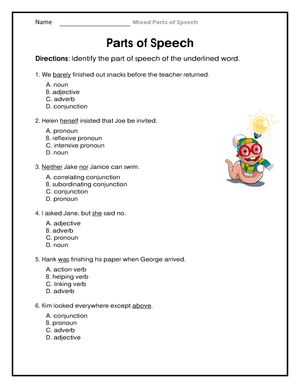 Mixed Parts of Speech Worksheet | Grade 6 Essential