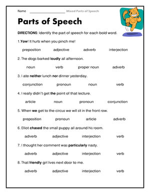 Grade 5 Parts of Speech — Printable No-Prep Worksheet
