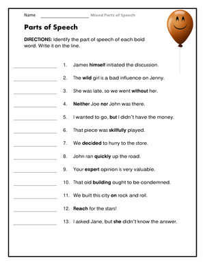 Essential Mixed Parts of Speech Worksheet | Grade 6 ELA