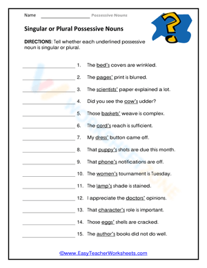 Essential Singular or Plural Possessive Nouns Worksheet