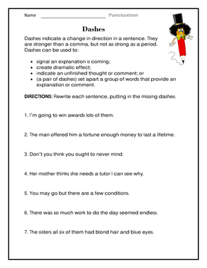 Grade 5 Dashes — Printable No-Prep Punctuation Worksheet