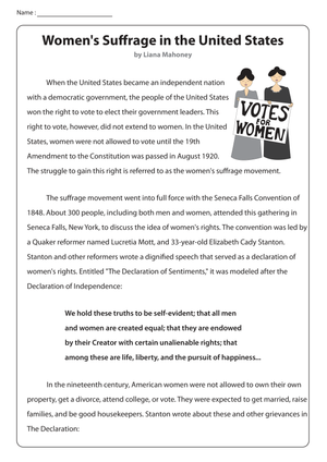 Women's Suffrage Worksheet | Essential Grade 7 Reading