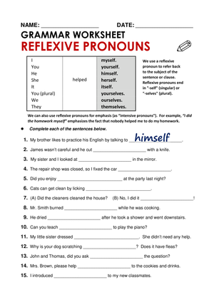 Essential Reflexive Pronouns Worksheet | Grade 2-5 English