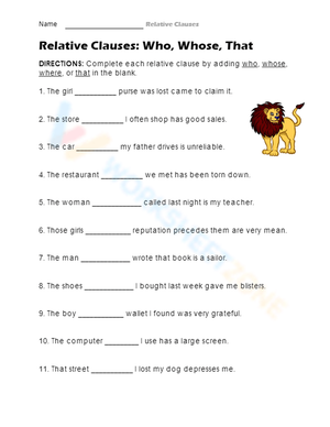 Essential Relative Clauses Worksheet | Grade 4 Aligned