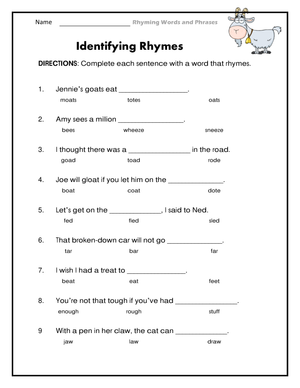 Printable Identifying Rhymes Worksheet: Grades 1-3 Phonics