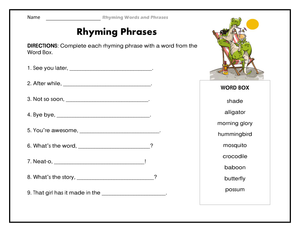 Essential Rhyming Phrases Worksheet | Grade 1-2 ELA