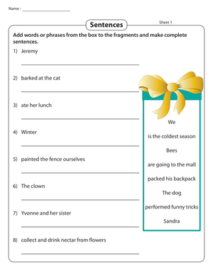 Fragments to Sentences Printable Worksheet | Grade 4