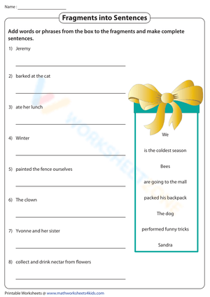 Fragments to Sentences Printable Worksheet | Grade 4