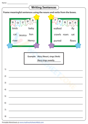 Printable Noun and Verb Sentence Writing Worksheet | Grade 2