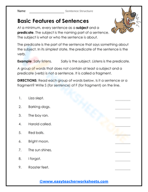 Essential Basic Features of Sentences Worksheet | Grades 1-3