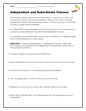 Essential Independent and Subordinate Clauses Worksheet
