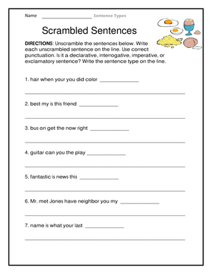 Unscramble Sentences And Identify Sentence Types Worksheet