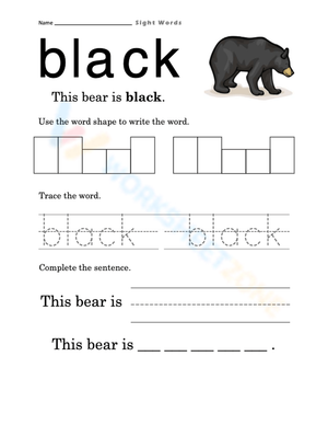 Essential Sight Word "Black" Worksheet | Grade 1 ELA