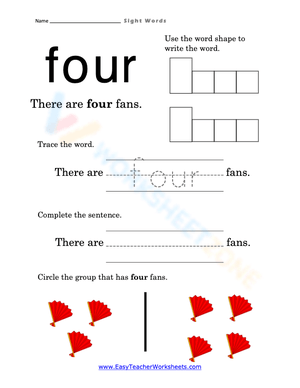 Printable Sight Word "Four" Worksheet | Grade 1 English