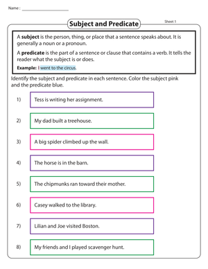 Subject and Predicate Coloring Fun Worksheet