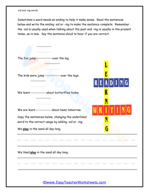 Essential -ed and -ing Words Worksheet | Grade 1-2 ELA