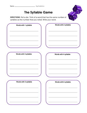 Printable Syllable Game Worksheet | Grade 2-3 ELA