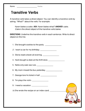 Grade 4-6 Transitive Verbs — Printable No-Prep Worksheet