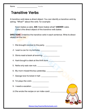 Grade 4-6 Transitive Verbs — Printable No-Prep Worksheet