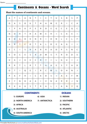 Continents and Oceans Worksheet