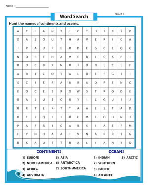 Continents and Oceans Worksheet