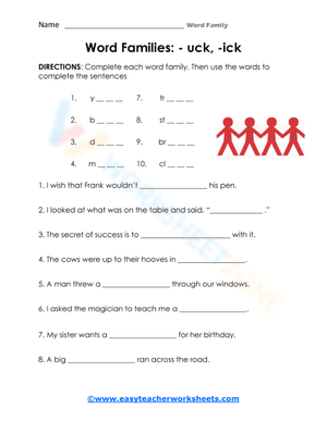 Essential -uck and -ick Word Families Worksheet | Grade 1-2