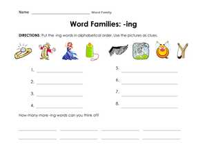 Essential -ing Word Families Alphabetical Order Worksheet