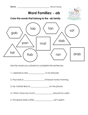 -ab Word Family Worksheet: Essential Phonics for Grades 1-2