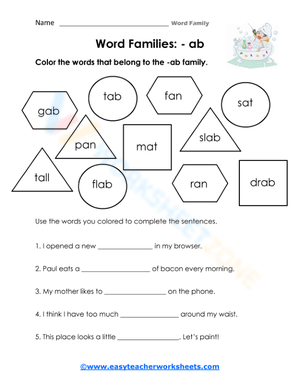 -ab Word Family Worksheet: Essential Phonics for Grades 1-2