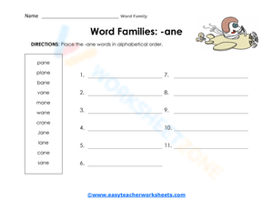 Grade 1-2 -ane Words — Printable No-Prep Worksheet