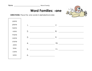 Grade 1-2 -ane Words — Printable No-Prep Worksheet