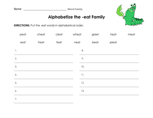 Essential Grade 1-2 Alphabetical Order -eat Family Worksheet
