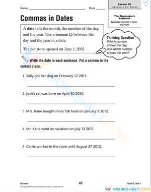 Commas in Dates Worksheet for Kids