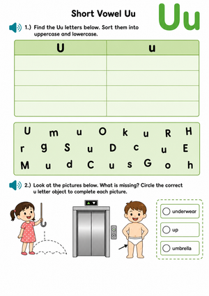 Grade K Short Vowel Uu — Printable No-Prep Worksheet