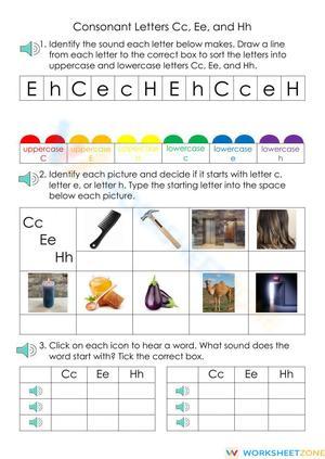 Essential Cc, Ee, and Hh Phonics Worksheet | Kindergarten