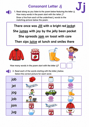 Printable Letter Jj Worksheet — Grade K No-Prep Phonics